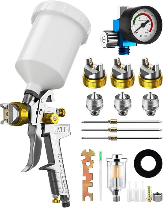 HVLP Paint Sprayer Gun, Air Paint Sprayer for House Painting, Cars, Paint Guns Automotive, 1.4/1.7/2.0mm 15 Nozzle Holes, Air Regulator
