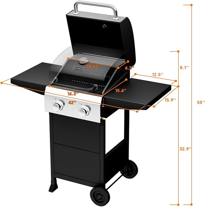 ROVSUN 2 Burner Propane Gas Grill with Foldable Side Shelves, 24000BTU BBQ Grills with Enameled Cast Iron Grates, Cabinet & Poratable Rolling Wheels for Outdoor Garden Patio Backyard Barbecue Cooking