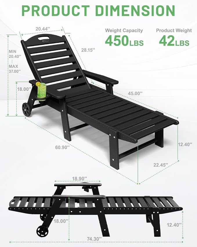 Modern Oversized HDPE Chaise Lounge Chair Outdoor Set of 2, Black with 6-Position Adjustable Backrest, Wheels, Cup Holder for Pool, Patio, Beach, Sunbathing