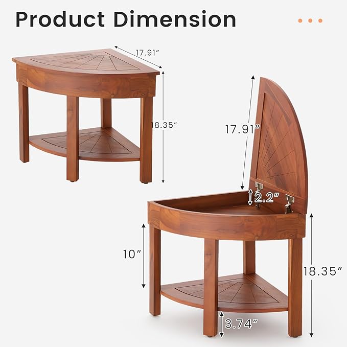 EROMMY 18.3" Flip-Top Corner Shower Stool for Inside Shower, Teak Corner Shower Bench with Storage Cabinet, Shower Foot Rest for Shaving Legs, Small Bench for Bathroom to Sit on Bath Seat