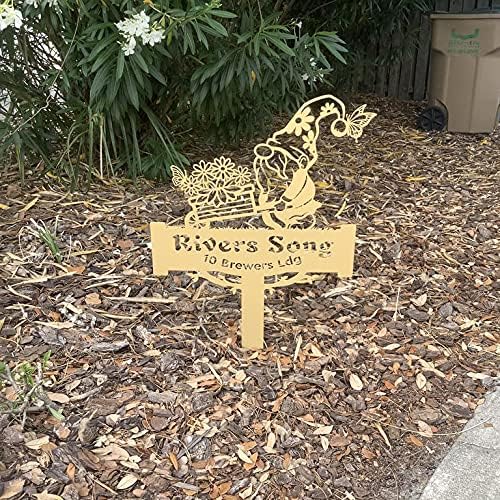 RealSteel Garden Gnome Monogram Yard Sign - Customizable Metal Sign with Gnome & Wheelbarrow Design - Personalized Name & Text (Textured Silver, 23" x 35")