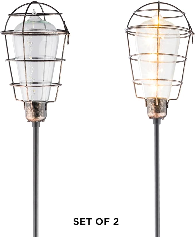 Alpine Corporation 34" Tall Outdoor Solar Powered Edison Bulb Garden LED Stake - Set of 2