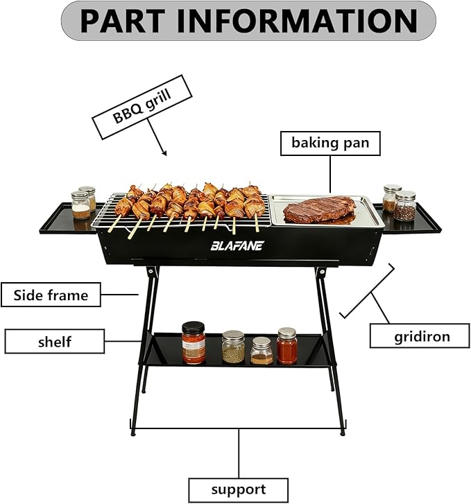 Portable Charcoal Grills, Foldable Hibachi BBQ Grills with Sturdy Construction for Camping, Backyard, Picnic, Travel Outdoor Cooking (31.6x7.1x5.1 inch), Black