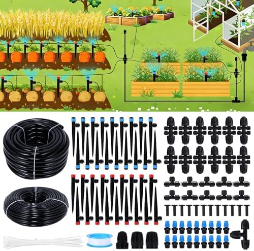 300FT Drip Irrigation System Kit, Automatic Garden Watering Misting System with 70FT1/2 inch Hose 230FT 1/4 inch Distribution Tubing and Accessories for Garden Lawn Greenhouse Plant Flower Bed
