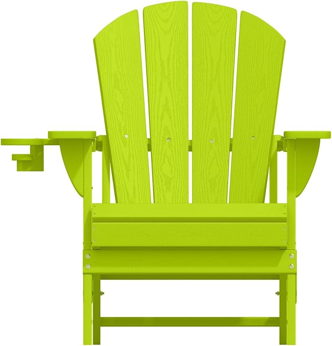 Folding Adirondack Chairs with Cup Holders, Set of 6 HDPE Plastic Outdoor Chairs, Weather Resistant, Real Wood Look, Heavy-Duty Patio Furniture for Deck, Fire Pit, Backyard, Apple Green