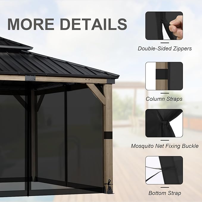 BPS 12' x 14' Gazebo Universal Mosquito Netting Screen Replacement, 4-Panel Screen Walls with Double Zippers for Outdoor Patio, Black (Mosquito Net Only)