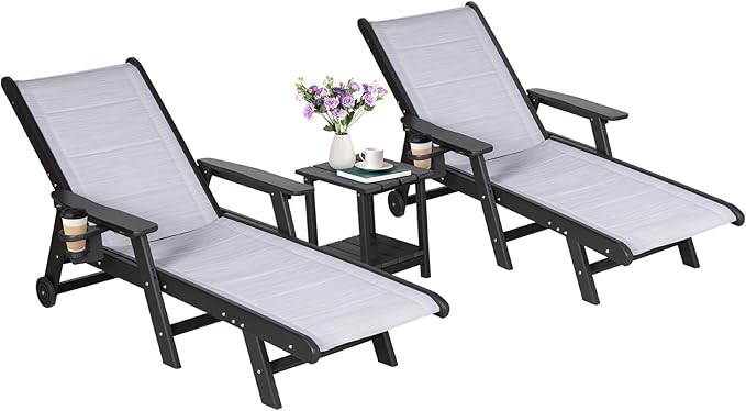 Outdoor Chaise Lounge Chair with Table Set of 3, 5-Position Adjustable Patio Lounge Chair with Wheels & Cup Holder, HDPE Pool Lounge Chair for Outside, Poolside & Beach (Black+White)