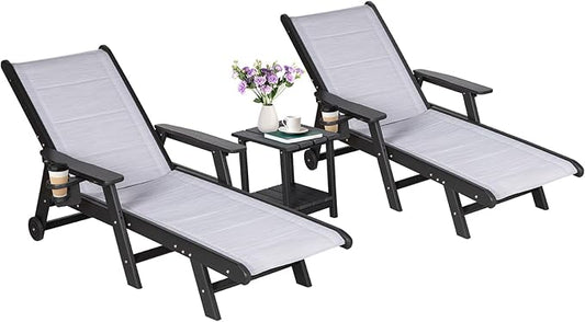 Outdoor Chaise Lounge Chair with Table Set of 3, 5-Position Adjustable Patio Lounge Chair with Wheels & Cup Holder, HDPE Pool Lounge Chair for Outside, Poolside & Beach (Black+White)