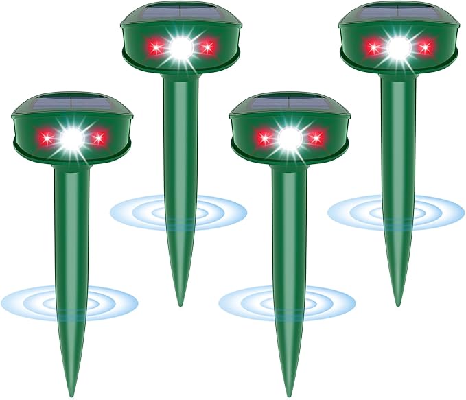 4 Pack Upgraded Mole Repellent Solar Powered with Flash Light, IP65 Waterproof Gopher Repellent Ultrasonic for Snake, Gopher, Vole, Raccoon, Squirrel, Rabbit and Rodent, Ideal for Yard and Lawn