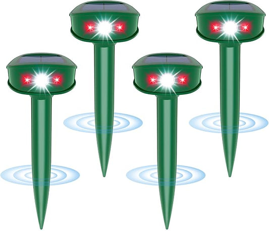 4 Pack Upgraded Mole Repellent Solar Powered with Flash Light, IP65 Waterproof Gopher Repellent Ultrasonic for Snake, Gopher, Vole, Raccoon, Squirrel, Rabbit and Rodent, Ideal for Yard and Lawn