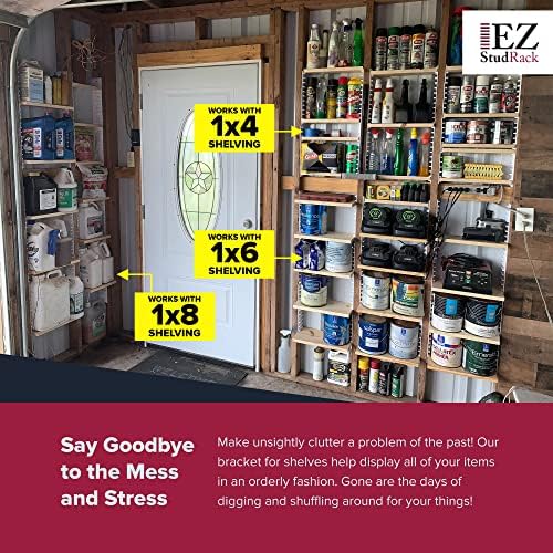 Made in USA EZStudRack Adjustable Shelf Brackets, 8-Pack (4 Pairs) – Easy-to-Adjust One-Row Storage for Custom-Fit Shelves – Your Items, Your Wood, You Supply It