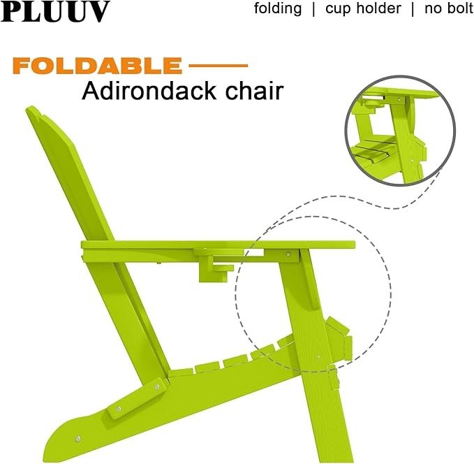 Folding Adirondack Chair with Cup Holders, HDPE Plastic Outdoor Chairs, Weather Resistant, Real Wood Look for Patio, Deck, Fire Pit, Backyard, Green