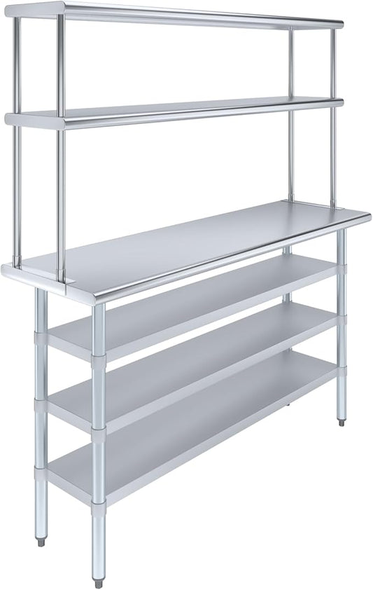 Amgood 18" x 60" Stainless Steel Work Table with 3 Shelves and 12" Wide Double Tier Overshelf | Metal Kitchen Prep Table & Shelving Combo | NSF