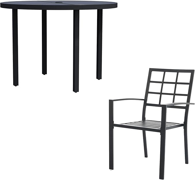 5 Piece Outdoor Dining Set, Patio Dining Set for 4, 42" Black Round Table with 4 Armrest Black Metal Outdoor Dining Chairs for Lawn, Garden, or Porch