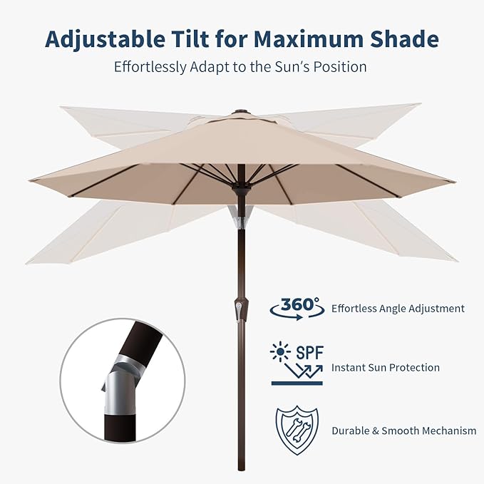 10FT Patio Umbrella Outdoor Market Umbrella with Crank and Tilt, 8 Flexible Fiberglass Ribs, UV-Resistant Waterproof Canopy for Patio, Deck, Garden, Backyard, Beige
