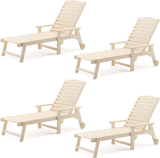 LUE BONA Outdoor Chaise Lounge Chairs Set of 4, HDPS Chaise Lounger, 5 Positions Adjustable Lounge Chairs, Pool Lounge Chair with Wheels for Poolside, 3 Year Warranty, Sand