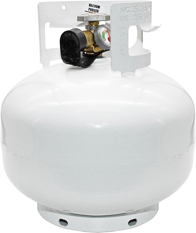 Flame King YSN11SQTa 11LB Propane Tank Cylinder Squatty with Dust Cap, Type 1 OPD Valve & Built-in Gauge, White