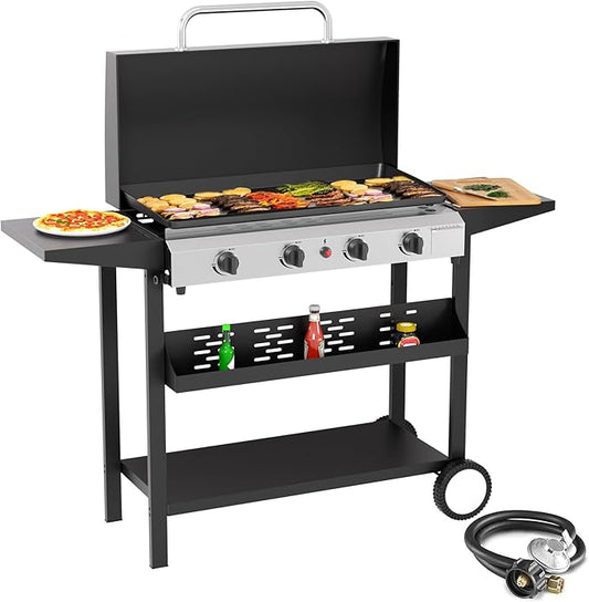 SKOK 4 Burners Outdoor Gas Griddle with Hood, Portable Flat Top Gas Grill-Table Top Propane Griddle Station with Side Shelves for Kitchen, Outdoor BBQ, Camping
