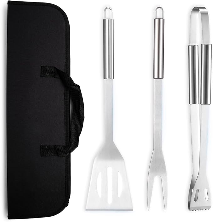 BBQ Grill Tool Set, 3Pcs Stainless Steel Barbeque Grilling Tool Set, Includes a Spatula/Fork/Pair of Tongs, and a Cloth Storage Bag, BBQ Tools for Backyard Outdoor Kitchen (3 Pack)