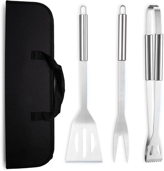BBQ Grill Tool Set, 3Pcs Stainless Steel Barbeque Grilling Tool Set, Includes a Spatula/Fork/Pair of Tongs, and a Cloth Storage Bag, BBQ Tools for Backyard Outdoor Kitchen (3 Pack)