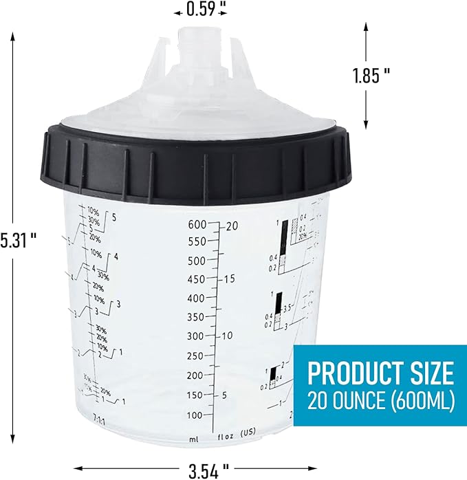 Disposable Paint Sprayer Mixing Cup for Automotive Paint Gun,Compatible with Original 1.0 System(not 2.0)-10pcs 20 Ounce Kit-10 Cup Liners,10 Lids with Strainer,1 Hard Cup with Retainer Ring,4 Plugs