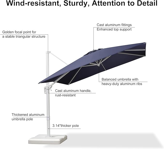 PURPLE LEAF 9 FT Patio Umbrella White Cantilever Umbrella Aluminum Square Outdoor Offset Umbrella Hanging Windproof with 360° Rotation for Garden Deck Pool, Navy Blue