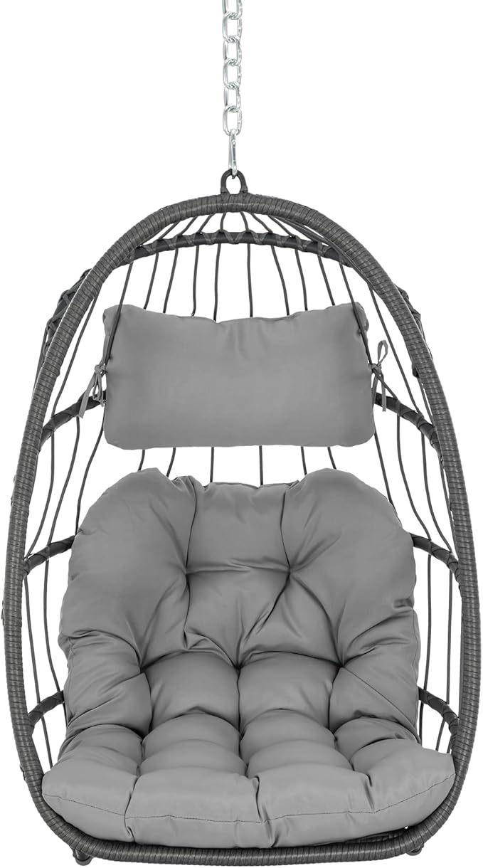 Yechen Swing Egg Chair Without Stand Indoor Outdoor, Foldable Wicker Rattan Hanging Egg Chairs Hammock Egg Basket Chair with Aluminum Frame & UV Resistant Cushions for Bedroom Patio Porch