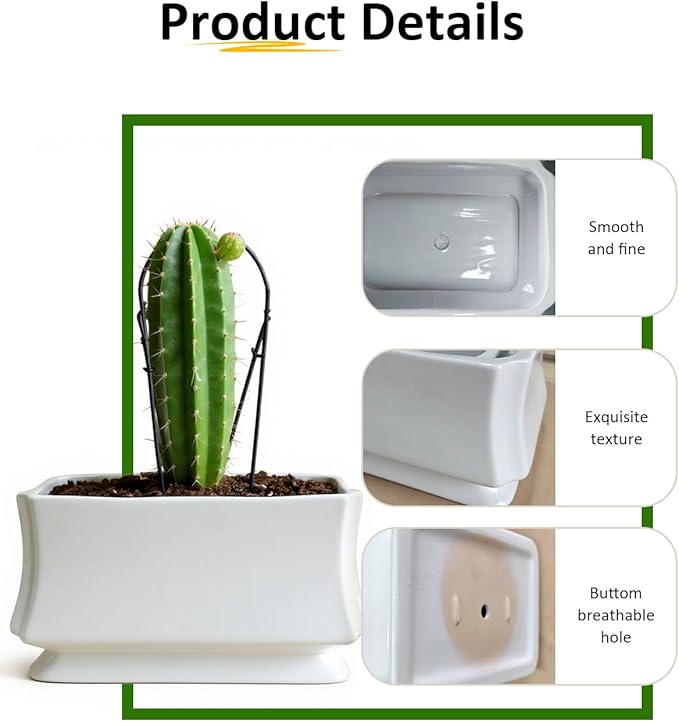 OXART Ceramic Plant pots Indoor Pots Set with Drainage Holes, 12+9 inch Flower Pot Rectangle Planters Pots for Plants for Plants Lilies, Cacti, Succulents, and Pothos, No Trays (White-4)