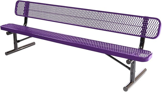 COATEDOUTDOORFURNITURE Heavy-Duty Portable Outdoor Bench Thermoplastic Coated, Expanded Metal, Commercial-Grade Seating, Made in America (Portable with Back, 8 Ft, Textured Purple)