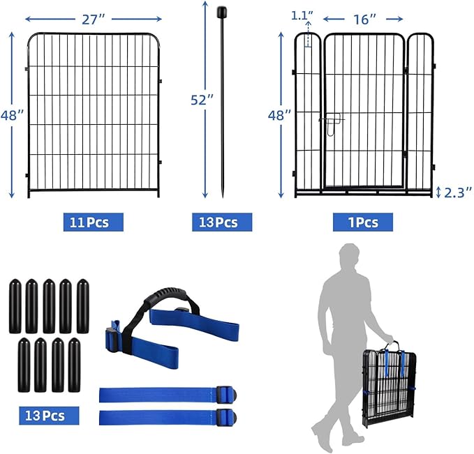 ADAVIN Tall Garden Fence 48 in(H) 12 Panels Total 26.6 FT(L), Heavy Duty Iron Metal Fence and Border, Flower Bed Fencing, outdoor Animal Barrier Fences, Dog Fences with gate for the Yard Camping,Black