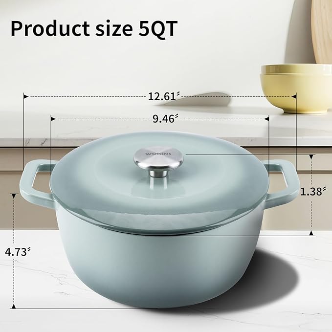 Enamel Cast Iron Dutch Oven with Lid,Dual Handles,Heavy-Duty Cookware for Sourdough Bread Baking,Braising,Stews,Roasting,Oven Safe up to 500° F,5QT,green