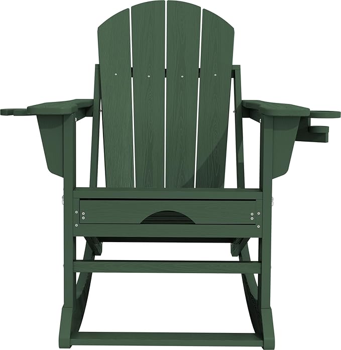 KINGYES Adirondack Rocking Chair Set of 2 with Retractable Ottoman and Cup Holders, HDPE Adirondack Rocker Patio Rocking Chair for Porch, Patio, Balcony, Green