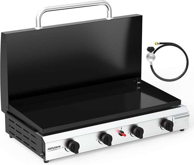 ROVSUN 4 Burner Portable Propane Griddle with Ignition & Regulator, 40,000 BTU Tabletop Flat Top Gas Grill with Enameled Tray & Lid for Outdoor Cooking Camping BBQ Tailgating Electronic