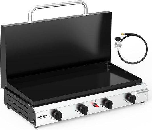 ROVSUN 4 Burner Portable Propane Griddle with Ignition & Regulator, 40,000 BTU Tabletop Flat Top Gas Grill with Enameled Tray & Lid for Outdoor Cooking Camping BBQ Tailgating Electronic