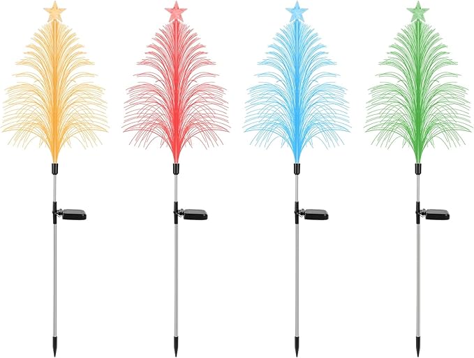 Solar Christmas Tree Lights, 4Pack 7 Color IP44 Waterproof Changing Solar Optical Fiber Stake Lights Christmas Decorations with Topper Star for Garden Yard Pathway Lawn Outdoor