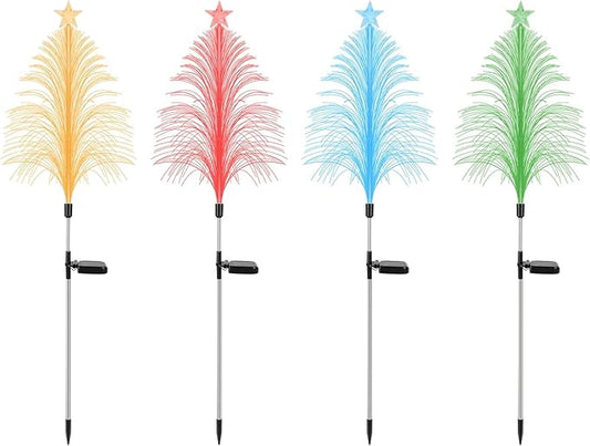 Solar Christmas Tree Lights, 4Pack 7 Color IP44 Waterproof Changing Solar Optical Fiber Stake Lights Christmas Decorations with Topper Star for Garden Yard Pathway Lawn Outdoor