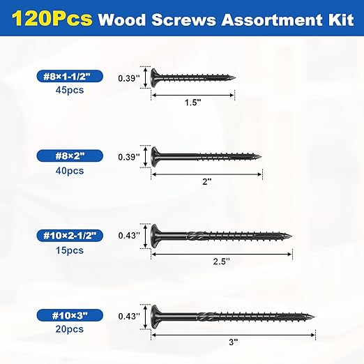 120Pcs Deck Screws, #8#10 Wood Screws Assortment Kit, 4Sizes Screws Set 1-1/2", 2", 2-1/2", 3", Rust Resistant Torx Screws with Flat Head, Black Screw Kit for Woodworking Projects, Star Bit Included