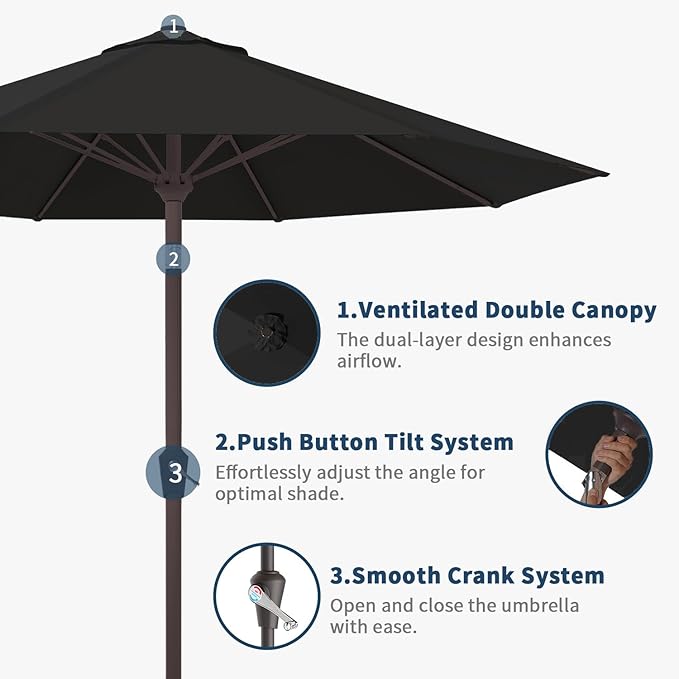 10FT Patio Umbrella Outdoor Market Umbrella with Crank and Tilt, 8 Flexible Fiberglass Ribs, UV-Resistant Waterproof Canopy for Patio, Deck, Garden, Backyard, Black