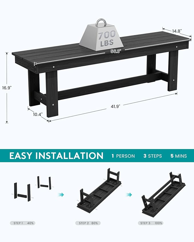 SERWALL 2-Person Outdoor Bench Backless, HDPE Outdoor Benches Weatherproof, 700 Lbs Weight Capacity, Poly Lumber Patio Furniture for Garden, Porch and Park, Black