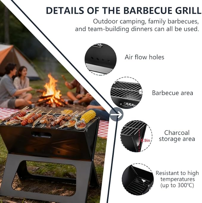 Protable Folding Barbecue Charcoal Grills,Small Tabletop Charcoal Grill with Stainless Steel Smoker BBQ for Outdoor Barbecues,Camping,Garden,Beach Party,Picnics - Black,kkk