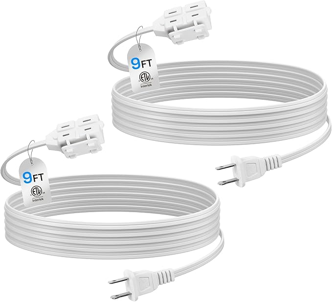 BN-LINK 9ft 3 Outlet Indoor Extension Cord 16/2 SPT-2, 2 Pack White, 2 Prong Polarized Plug, Household Power Cord for Home, Office, and Holiday Decorations