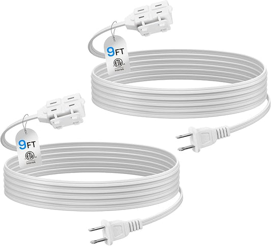 BN-LINK 9ft 3 Outlet Indoor Extension Cord 16/2 SPT-2, 2 Pack White, 2 Prong Polarized Plug, Household Power Cord for Home, Office, and Holiday Decorations