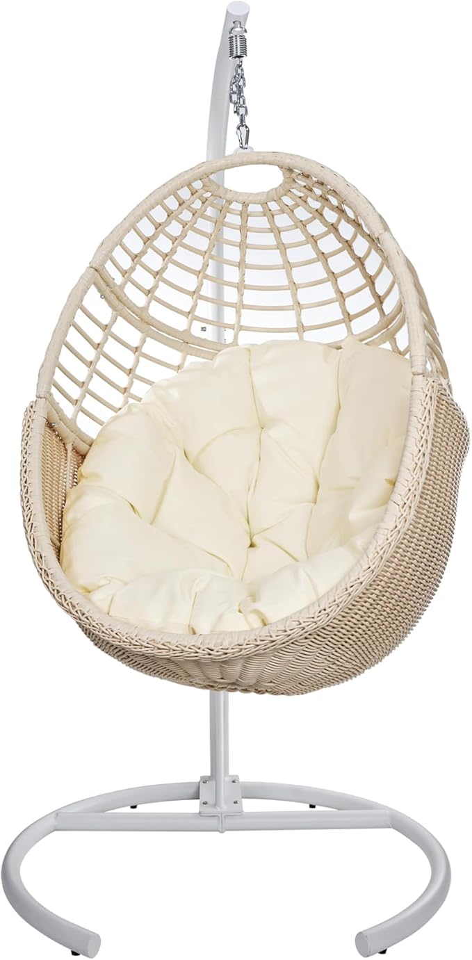 Hanging Egg Chair Swing Chair with Stand Wicker Rattan Chairs for Indoor Outdoor Patio Bedroom Hammock Chair with Steel Frame and Cushion(Color: Beige)
