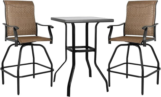 LEVELEVE Patio Bar Set 3pcs Swivel Bar Stools Outdoor Bistro Textilene Furniture Stability All-Weather Set with Height Table (3, Dark Brown Fabric)