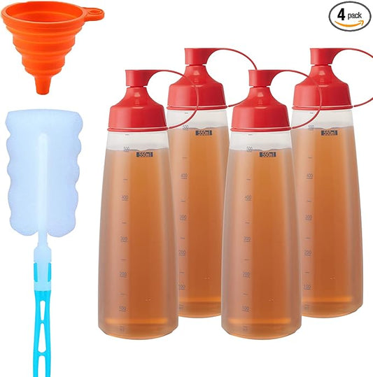 Condiment Squeeze Bottles for Sauces Pancake Batter Plastic - Wide Mouth Kitchen Ketchup Mustard Squirt Bottle Empty Dispenser for Icing Oil Salad Food Liquid for Griddle BBQ(4 PCS, 18 oz.)