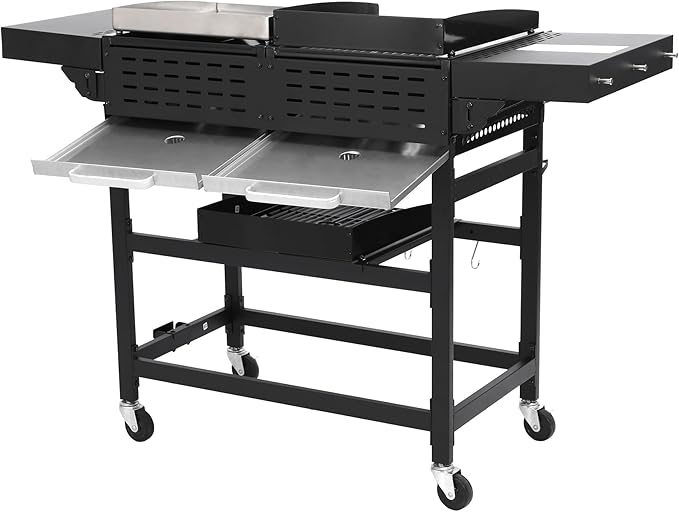 4-Burner Propane Gas BBQ Grill with Stainless Steel Plancha, 38240 BTU Output Stainless Steel Gas Grill w/Cast Iron Grating Mesh, & Foldable Side Table, Hanging Basket for Outdoor & Garden