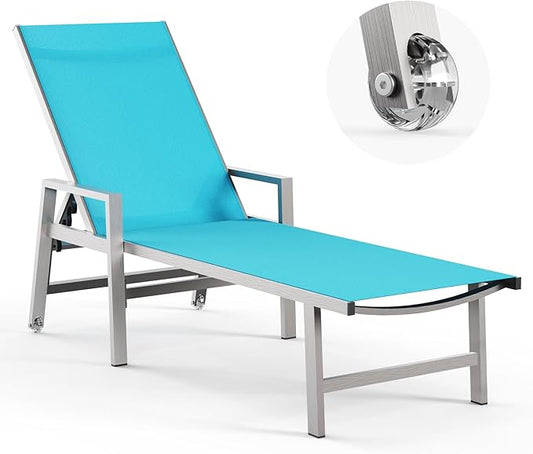 Patio Chaise Lounge Chair Outdoor with Wheels&Armrests, Aluminum Pool Lounge Chairs 5-Position Adjustable Recliner, Outdoor Beach Lounge Chairs for Poolside, Patio, Deck, Yard, Lake Blue