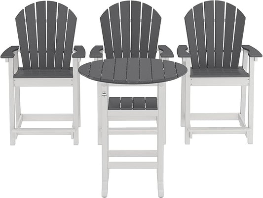 OTSUN 3 Counter Height Adirondack Chairs and 1 Bar Table, All Weather HDPE Patio Furniture, Wide Armrests, High Back, 400lb Capacity (White & Grey)