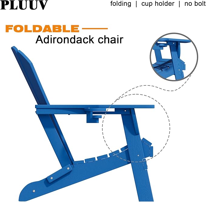 Folding Adirondack Chair with Cup Holders Set of 2, HDPE Plastic Outdoor Chairs, Weather Resistant, Real Wood Look for Patio, Deck, Fire Pit, Backyard, Blue
