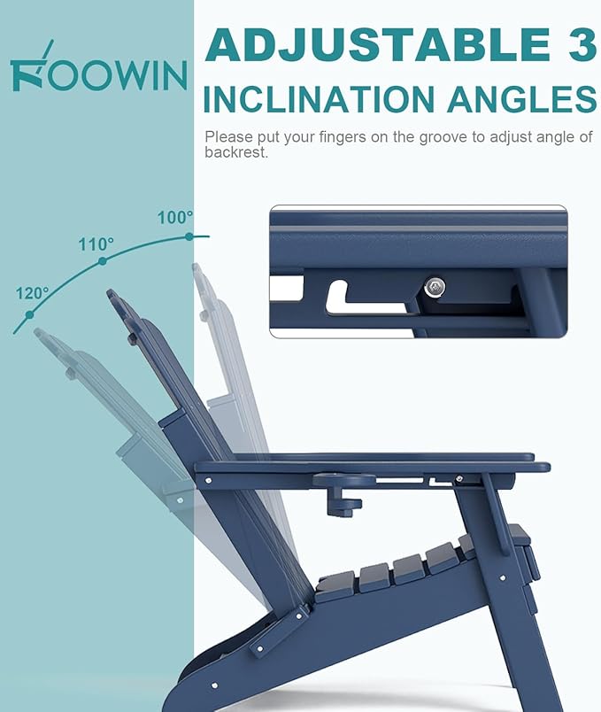 FOOWIN Adjustable Adirondack Chair, Folding Adirondack Chair with Cup Holder, HDPE All-Weather Fire Pit Chair with 3 Recline Positions, Suitable for Patio, Garden, Backyard, Poolside, Grey